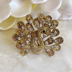 Vintage Gold Tone CZ Peacock Brooch